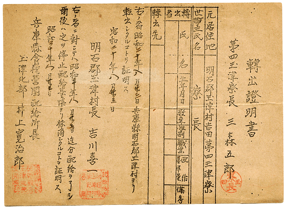 転出証明書（明石郡玉津村、兵庫県）