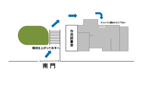 南門から市民図書室の入り口までのルート図