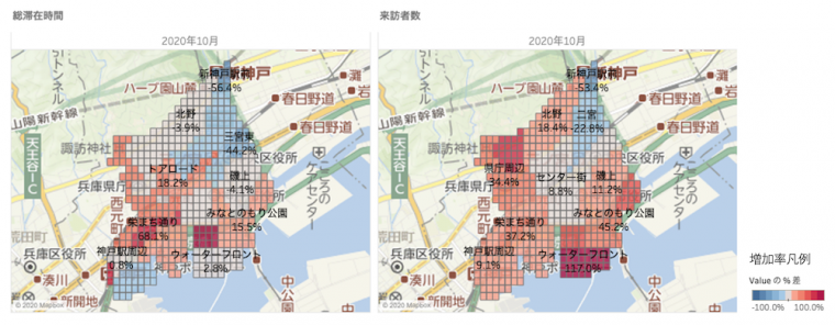 2020年10月来訪の対前年比ヒートマップ（指数）